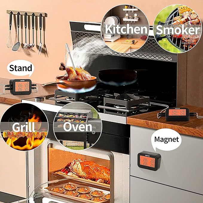 DIGITEN Bluetooth Grilling Thermometer Wireless Meat Thermometer with 4 Probes BBQ Thermometer Smoker Thermometer Instant Read Thermometer Smart Rechargeable Food Thermometer