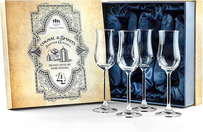 GLASSIQUE CADEAU Cognac, Brandy, Tequila and Dessert Wine Snifter Glasses | Set of 4 Small Tasting Tulip Copitas for Sipping Spirits, Madeira, After Dinner Drinks
