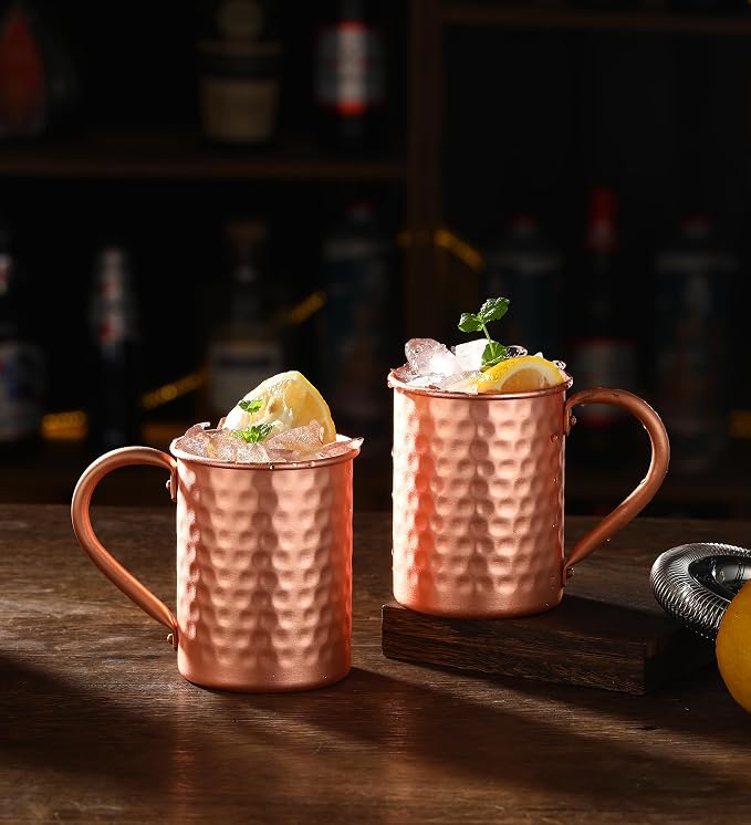 Moscow Mule Pure Copper Mugs - Set of 4 - Handmade of 100% Pure Copper -Hammered Finish-Riveted Handle