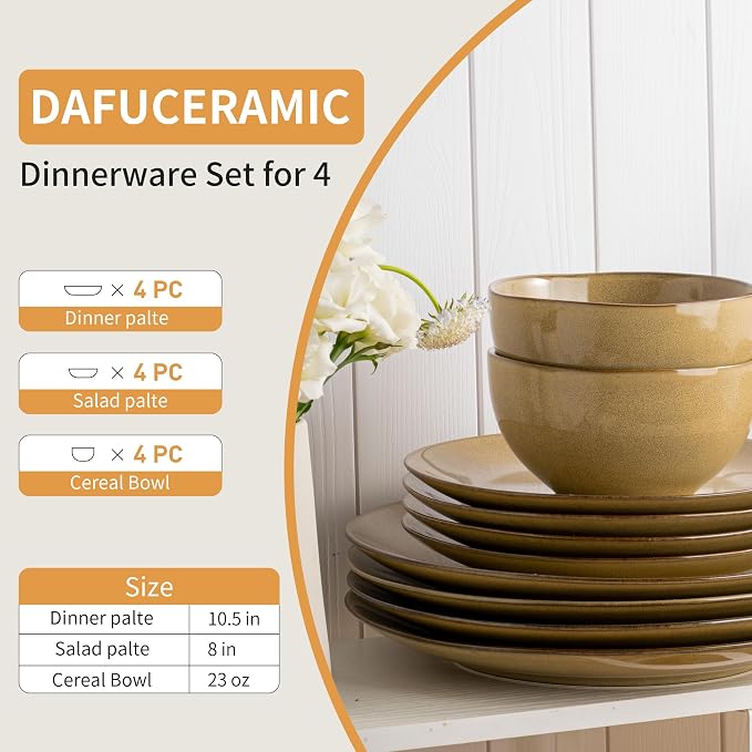 Dafuceramic Stoneware Dinnerware Set, 12 Pieces for 4, Maize Yellow | Plates and Bowls, Modern, Microwave Safe, Dishwasher Safe