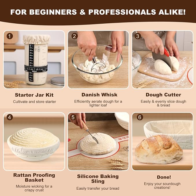 Sourdough Bread Baking Supplies, Banneton Bread Proofing Basket, 10 Inch Oval & Round Bread Baskets with Liners & Covers, Sourdough Starter Kit