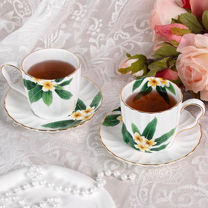 KAMMAK Tea Cups and Saucers Set of 2, Porcelain Coffee Cups, Stackable Espresso Mugs, Ceramic Demitasse for Coffee, Cappuccino, Latte, Americano, Tea, Green Leaf Frangipani