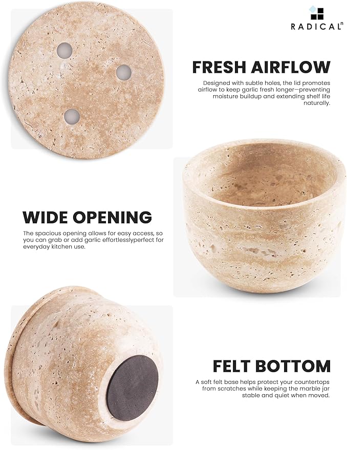 Radicaln Marble Garlic Keeper With Lid 4.5 Inch Travertine Handmade Garlic Storage and Garlics Container For Kitchen, Keep Fresh Garlic Cloves, Ideal Garlic Keeper for Counter