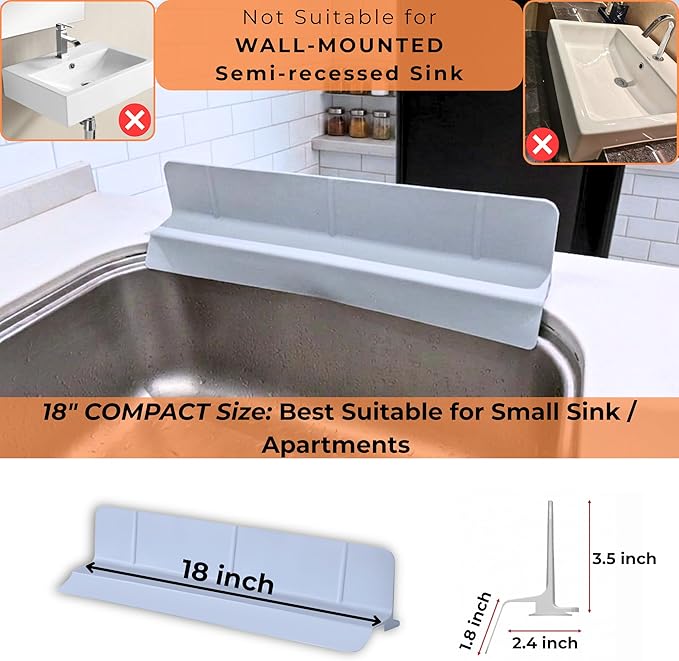 Extra Wide Silicone Sink Splash Guard 18” – Bright Gray- Small