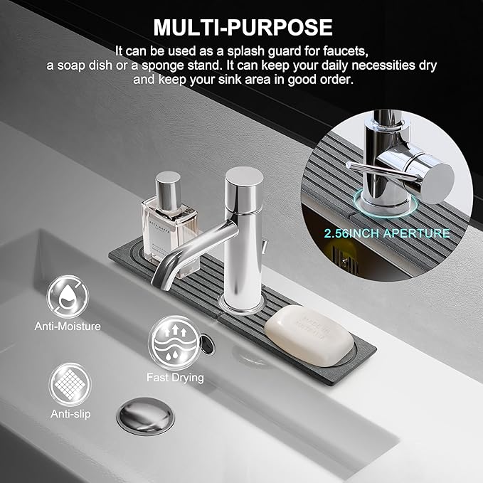 Faucet Mat for Kitchen Sink, Diatomite Fast Drying Stone Sink Tray, Super Absorbent, Prevents Moisture Buildup - Faucet Splash Guard for Bathroom Counter, Kitchen [Dark Grey, 15.8" x 3.9"]