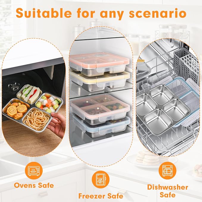 2 Pack Stainless Steel Snack Containers with Lids, Leakproof 4 Compartment Bento Lunch Boxes, Reusable Metal Meal Prep Food Storage Containers, Dishwasher Safe for Work, Travel, Picnic