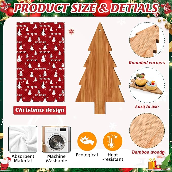 LemonRoad 1 Set Christmas Cutting Board Gift Christmas Tree Cutting Board with Knives Forks Kitchen Towels Merry Gift Tags Charcuterie Boards Bamboo Serving Tray for Xmas Birthday Party Favors