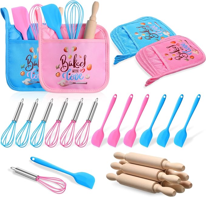 RoundFunny 24 Pcs Kids Mini Baking Supplies with Kitchen Utensil, Pot Holders, Spatula, Rolling Pin, Whisk for Kids Classroom School Exchange Party Favors (Medium)