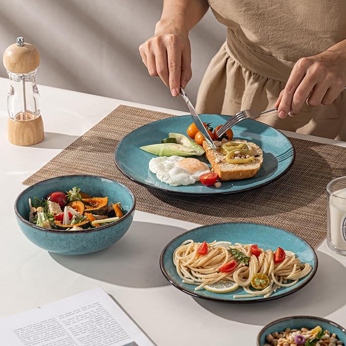 16 Piece Dinnerware Sets for 4， Scratch Resistant,microwave oven and Dishwasher Safe Plates and Bowls Sets Ceramic, Dish Set, Bowl and Plate Set -Kiln turned sea blue