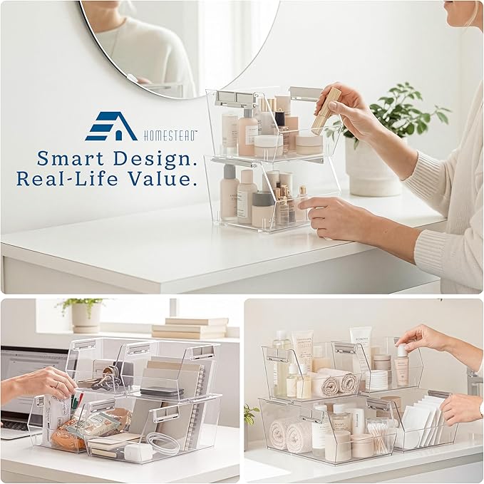 HOMESTEAD Set of 2 Large Stackable Storage Bins, Clear Plastic Organizer Bins, Open Front Design for Kitchen Pantry, Fridge, Cabinet, Bathroom and Cabinet Organization
