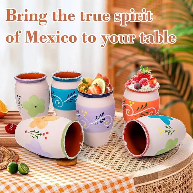 FirstGift 6-Pack Cantaritos de Barro Mexicanos – 12 oz Handmade Clay Cups for Margaritas, Taco Tuesday, Mexican Fiesta (Dishwasher & Microwave Safe)