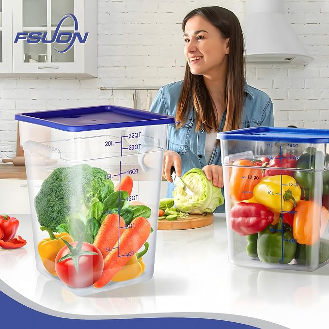 4 Pack 22 Qt Square Polycarbonate Food Storage Containers with Lids | Clear BPA-free PC with lids, side handles, measurement scale and stackable design; for food prep, storage and freezer use.