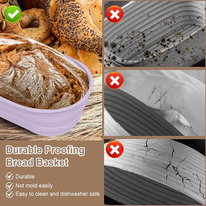 4Pcs Mini Silicone Banneton Bread Proofing Baskets, 6.5" Sourdough Banneton Proofing Baskets, Non-Stick Oval Dough Proofing Bowl Contain