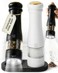 Electric Salt and Pepper Grinder Set - Styled Settings Electric Salt and Pepper Shakers, Automatic Stainless Steel Set with LED Light, Battery Operated, Adjustable Coarseness, Wood Base