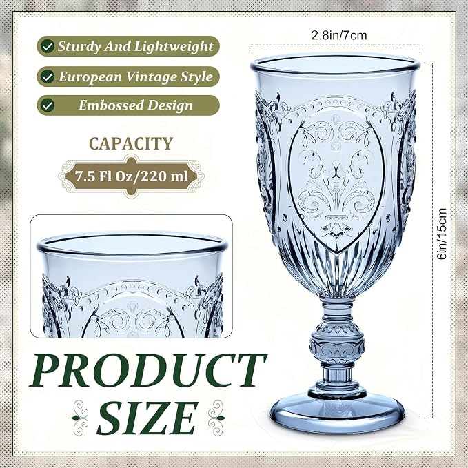 Wiwiqing 100 Pcs Plastic Goblets 7.5oz Vintage Goblet Plastic Wine Glasses Colored Retro Embossed Water Goblets for Wine Bar Juice Baby Shower Wedding Reception Grand Event Party (Blue)