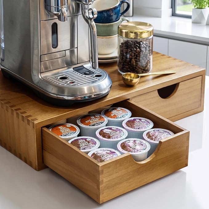Acacia Wood K Cup Drawer Under Coffee Maker, 30 Pod Wooden K Cup Organizer with Movable Dividers for Countertop, Fits Nespresso Vertuo, Lavazza Capsules, Tea Bags