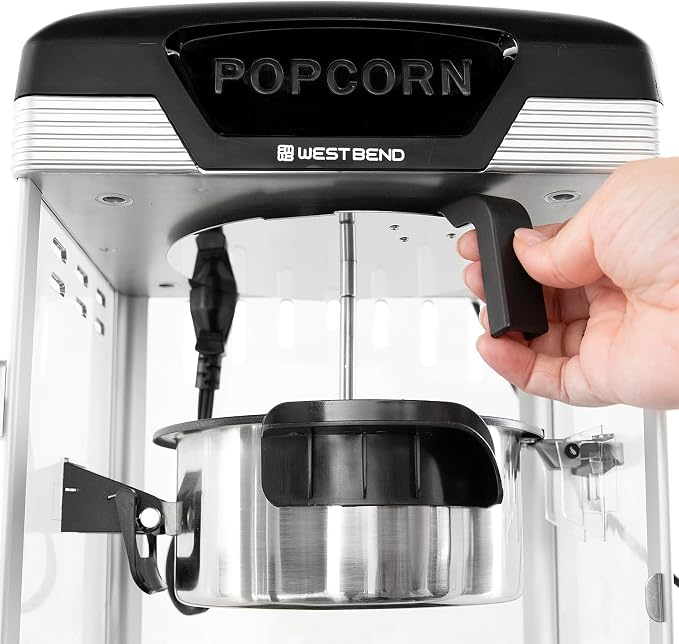 West Bend Stir Crazy Movie Theater Popcorn Popper, Gourmet Popcorn Maker Machine with Nonstick Popcorn Kettle and Popcorn Scoop for Popcorn Machine, 4 Qt., Black