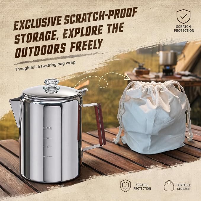 ZOWIE KING Camping-Fire Coffee Percolator Stovetop Pot- Stainless Steel Stove top Coffee Pot, Unleash Flavor in the Great Outdoors (12 Cups)