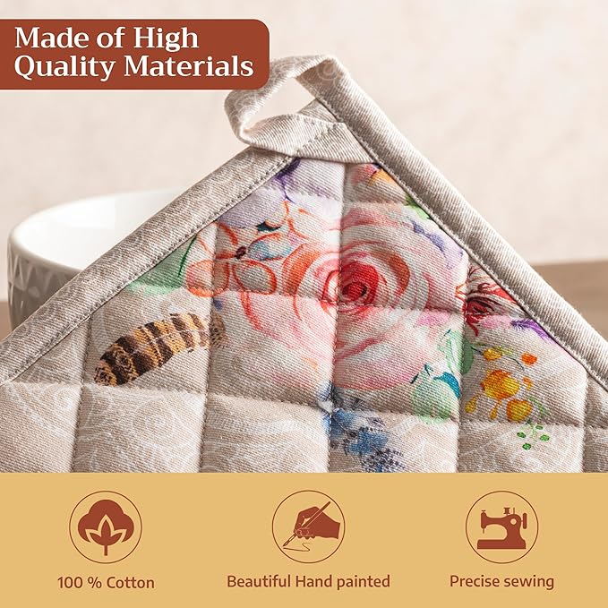 Maison d' Hermine Pot Holders 100% Cotton Heat Resistant Potholders 8" x 8" Hot Pads with Loop BBQ Cooking Baking Gifts for Mothers Day Handling Hot Pans Spring/Summer (Pack of 1, Ibiza - Beige)