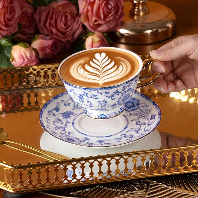 KAMMAK Tea Cups and Saucers Set of 2, Porcelain Coffee Cups, Stackable Espresso Mugs, Ceramic Demitasse for Coffee, Cappuccino, Latte, Americano, Tea, Enamel - Blue