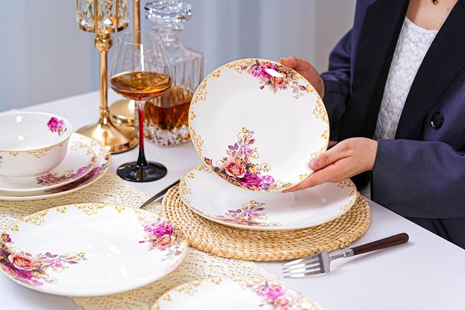 FHGNYSM Vintage Floral Dinnerware Set, 12-Piece Porcelain with Gold Rim | Rose Pattern Dish Set for Kitchen, Wedding and Housewarming Gift, Chip and Scratch Resistant, Microwave&Dishwasher Safe for 4
