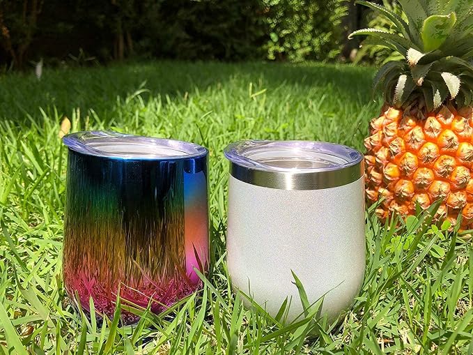 CHILLOUT LIFE 12 oz Stainless Steel Wine Tumblers 4 Pack - Double Wall Vacuum Insulated Wine Glasses Cups with Lids and Straws Set Keeping Cold & Hot for Coffee, Beer, Ice Cream - Holographic Glitter