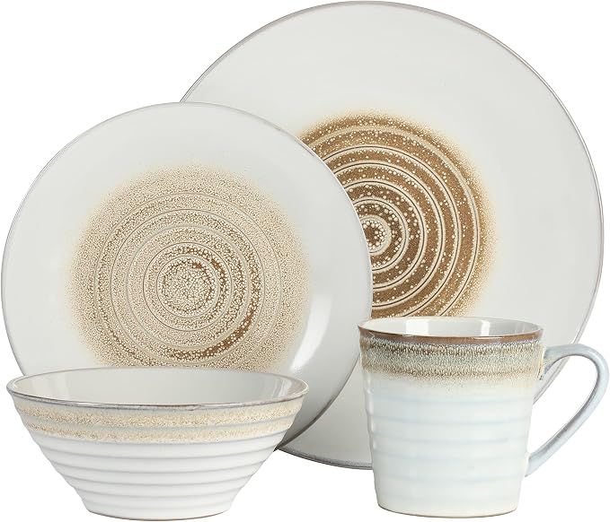 Gibson Elite Spiral 16 Piece Reactive Embossed Dinnerware Set - Taupe