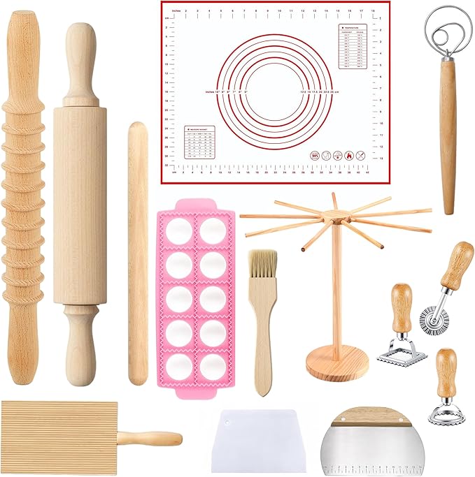 Pasta Making Tools Set 14 PCS, Pasta Maker Kit with Drying Rack, Ravioli Maker Press, Pasta Cutting Tools, Beech Wood Rolling Pins, Gnocchi Board, Homemade Pasta Accessories Set