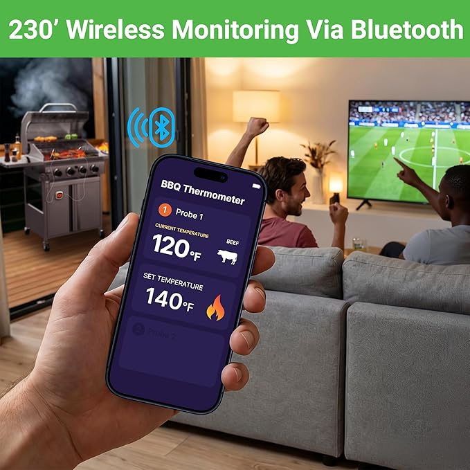 Nutrichef Bluetooth Meat Thermometer for Grilling and Smoking with 4 Wireless Meat Probes, 4 Channels with LCD Display