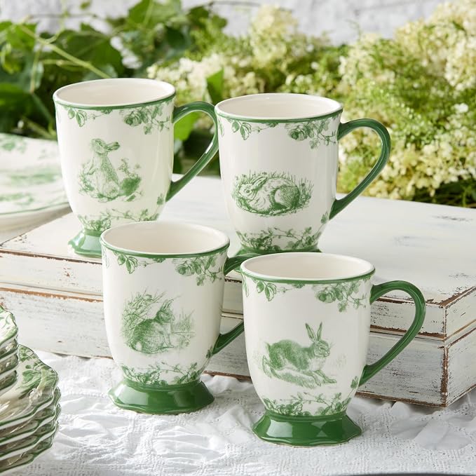 Le Jardin 6oz MUGS SET OF 4 – Green Bunny Stoneware Cups for Coffee, Tea & Cocoa – Charming Drinkware for Spring Brunch or Morning Routines