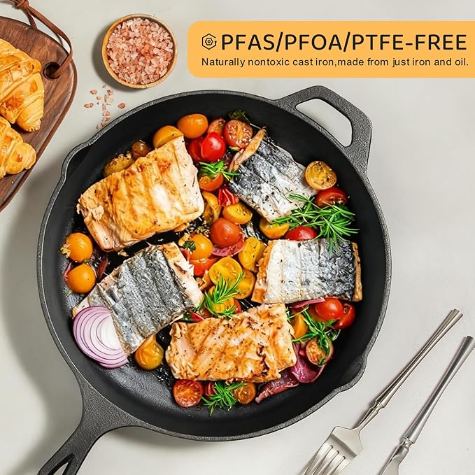 EWFEN Cast Iron Skillet 3-Piece Set, 8", 10" & 12" Pre-Seasoned Frying Pans, Heavy-Duty Professional Restaurant Chef Quality Cookware w/Drip Spout, Indoor & Outdoor Use, Oven, Stove, Grill & Campfire