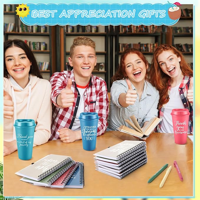 Teenyyou 90 Pcs Employee Appreciation Gift Set, 16oz Tumbler with Lid Notebook Pen Bulk Thank You Gift Holiday Party Favor for Teachers Office Coworker Teacher Staff Team (Bright Color,Delicate Style)