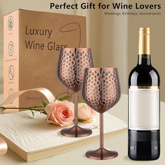 UNISWEET Stainless Steel Wine Glasses Set of 4 Unbreakable (Red Copper) | 17 oz Large-capacity Hammered Goblets, Lightweight & Reusable, Good for Outdoor, Camping, Pool Travel, Gift for Wine Lovers