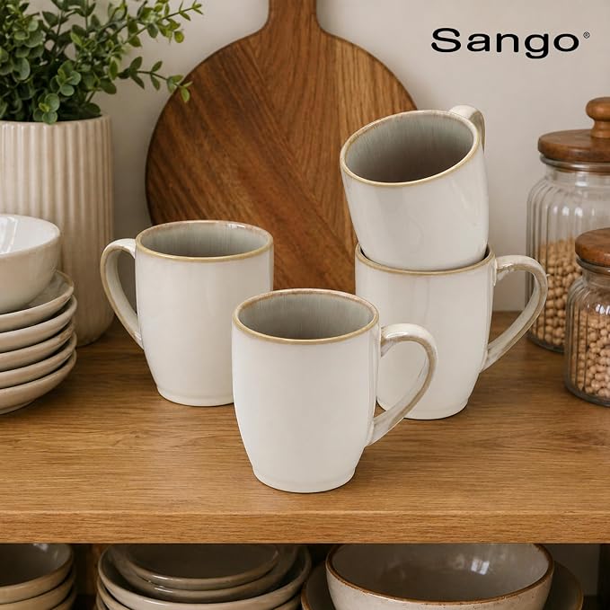 SANGO Resona Moss Stoneware Heat Resistant Coffee Mugs, Microwave and Oven Safe, 12 oz, White, 4 Count