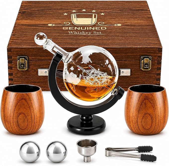 GENUINED 30oz Globe Whiskey Decanter Sets with 11oz Charred Wooden Whiskey Glass(2), Gifts for Men