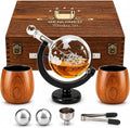 GENUINED 30oz Globe Whiskey Decanter Sets with 11oz Charred Wooden Whiskey Glass(2), Gifts for Men