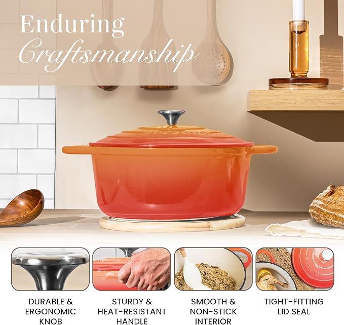 Cast Iron Dutch Oven with Lid-Non-Stick Ovenproof Enamelled Casserole Pot- Sturdy Dutch Oven Cookware - Orange, 3.1- Quart, 22cm- by Nuovva