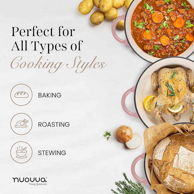 Nuovva Enamelled Cast Iron Dutch Oven Pot with Lid 6.4 Quart Non Stick Casserole Pot-Heavy Duty & Oven Safe up to 500° F for Bread Baking, Braising, Stews, Roasting - 28cm Pink