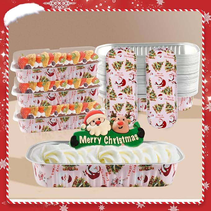 50Pack Pink Christmas Mini Loaf Pans with Lids Mini Cake Pans with Lids and Spoons, 6.8Oz Aluminum Foil Pans Tins, Individual Dessert Cups Containers for Sales,Party,Picnics