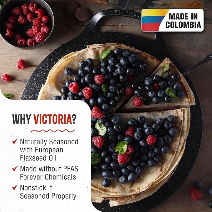 Victoria 15-Inch Cast Iron Comal Pizza Pan with 2 Side Handles, Preseasoned with Flaxseed Oil, Made in Colombia