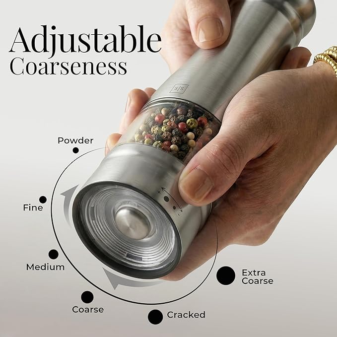 Electric Salt and Pepper Grinder Set - Styled Settings Stainless Steel Salt and Pepper Grinder Set with LED Light, Adjustable Coarseness, Battery Operated, Wood Base