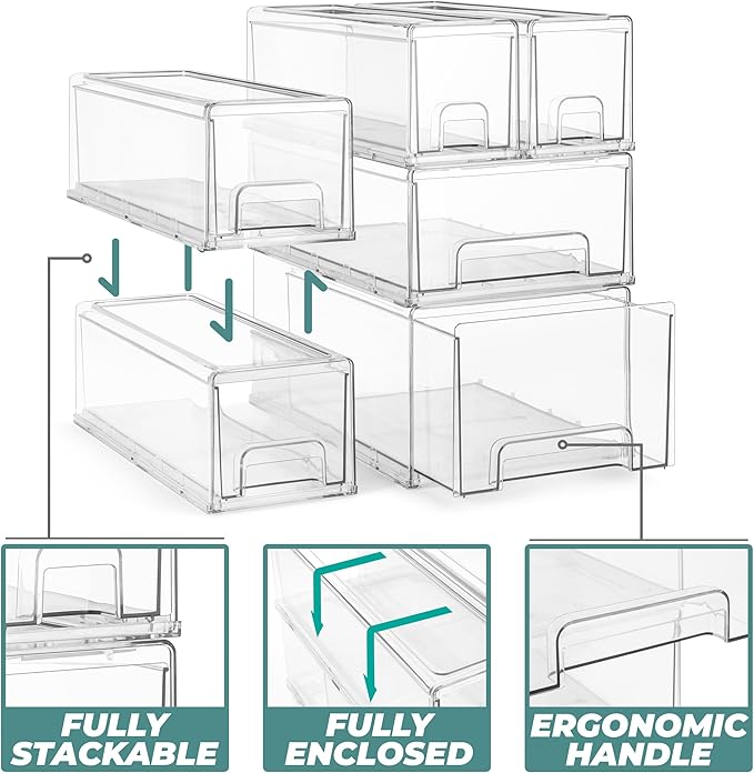 Sorbus Medium Clear Stackable Storage Drawers, Plastic Storage Drawers with Handles, Craft, Clothes, Medicine, Makeup, Closet, Art Supply, Bathroom, Shoe, Toy Storage Organizer (2 Pack)