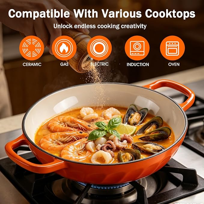Enameled Cast Iron Dutch Oven, 3.8 Quart Dutch Oven Pot with Lid, Shallow Cast Iron Braiser with Handles, Oven Safe up to 500°F (Orange)