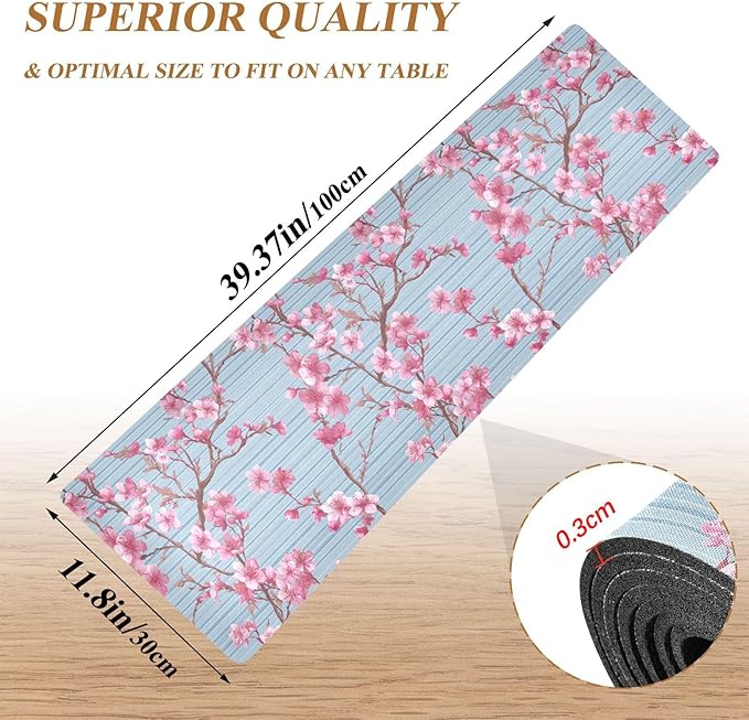 2-in-1 Table Runner Trivet for Hot Dishes Heat Resistant Hot Plate Mat Pad 39x12 Inch Waterproof Table Protector Trivets for Countertop Non Slip Decorative Blue Stripes Cherry Blossom