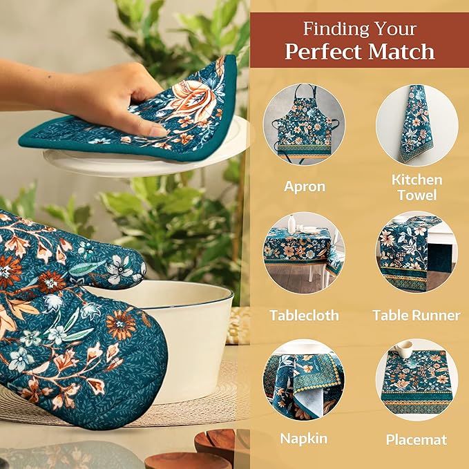 Maison d' Hermine Oven Gloves 100% Cotton Oven Mitt 7" x 13" with Loop Heat Resistant BBQ Cooking Gloves for Thanksgiving Christmas Decorations Handling Hot Pans (Pack of 1, Luxury Loft - Dark Teal)