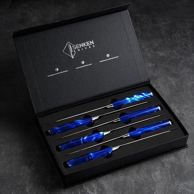 SENKEN Professional Steak Knife Set with Engraved Damascus Pattern, Razor Sharp Blade, High Carbon Stainless Steel with Beautiful Gift Box, Blue & Red Resin Handles