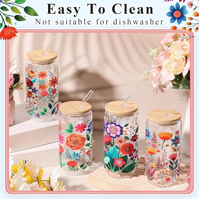 Mumufy 4 Pack Wildflower Glass Cups Gift Aesthetic Cute Glass Cup Tumbler Flower Iced Coffee Mugs 16 oz with Bamboo Lid & Straw, for Wedding Birthday Bridesmaid Mom Baby Shower