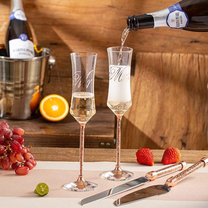 Wedding Cake Knife and Server Set, 7oz Crystal Champagne Flutes Set Rose Gold Bride Groom Toasting Glasses Cutting for Mr Mrs Engagement Gifts
