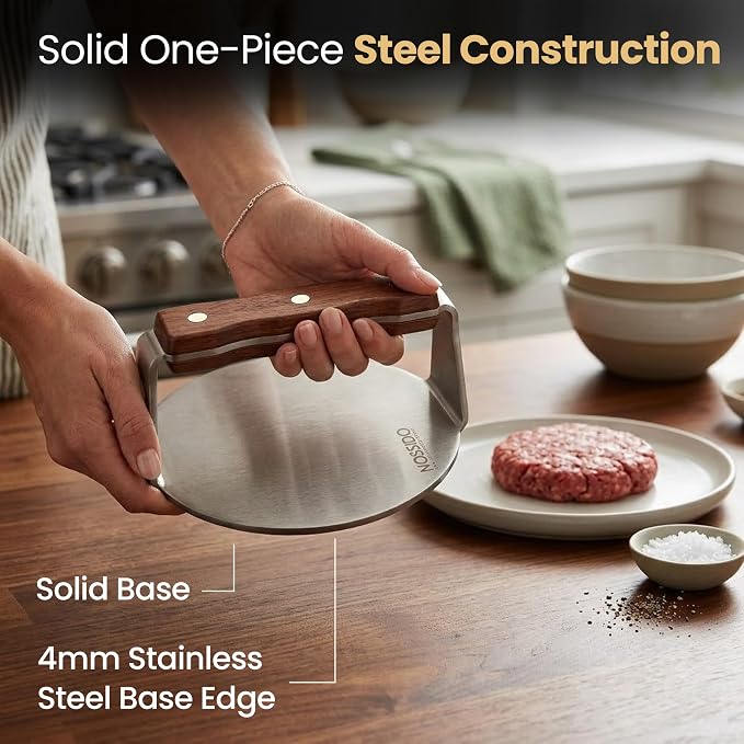 Heavy-Duty Smash Burger Press, 304 Stainless Steel, 6.5 Inch Diameter, 4mm Thick - Round Smasher for Flat Top Griddle & Cast Iron, Natural Walnut Handle, Satin Finish - Griddle Accessories