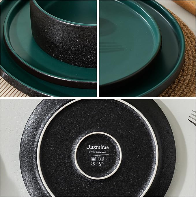 6 Piece Dinnerware Set, Modern Minimalist Stoneware Plates and Bowls Sets, Modern Dinner Plate, Salad Plate, Cereal Bowl, Dish Set for 2, Microwave and Dishwasher Safe, Matte Green